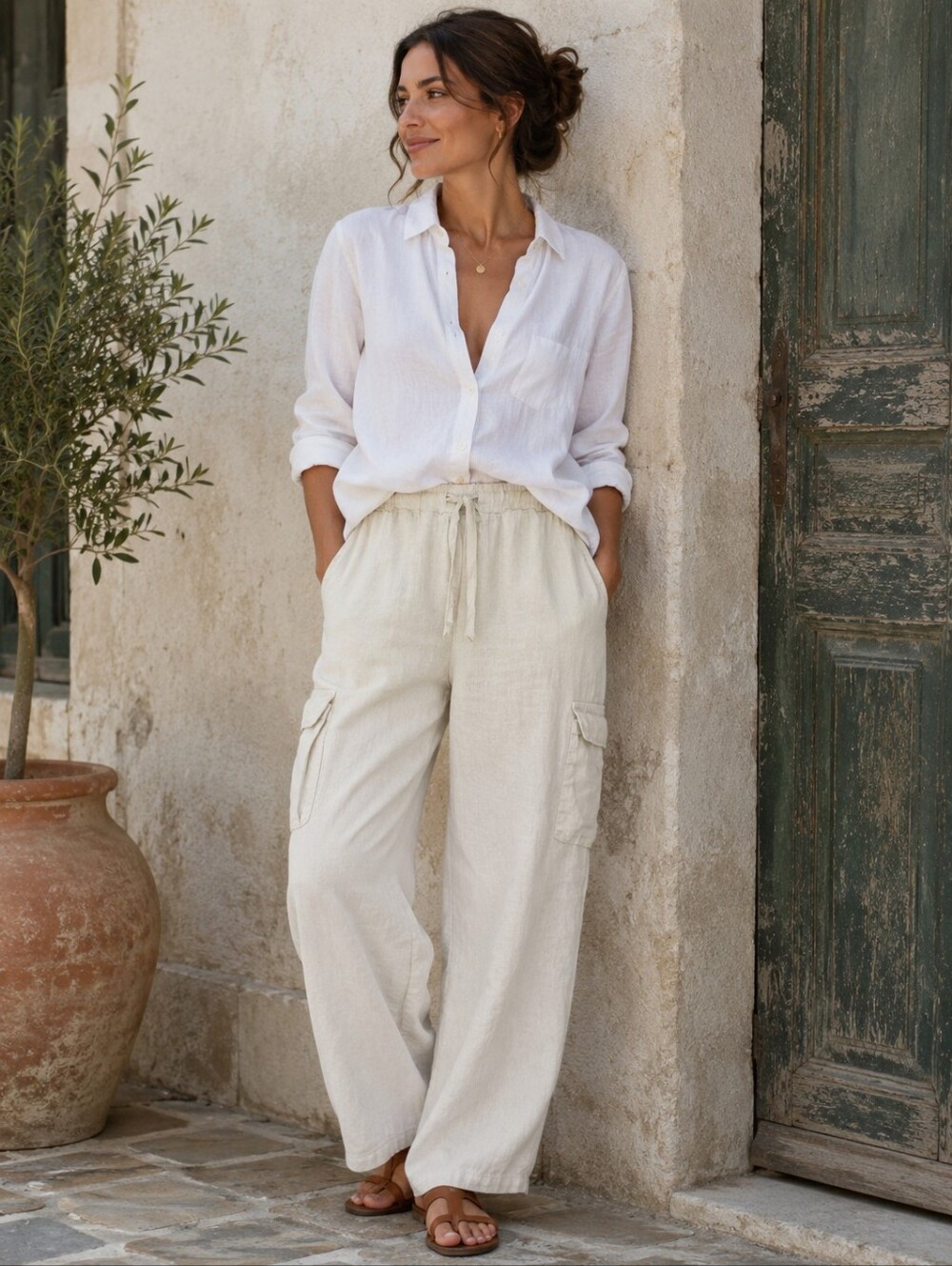 Tina Stephens 100% Linen Cargo Pants Elastic Drawstring Waist Coastal Italy Euro